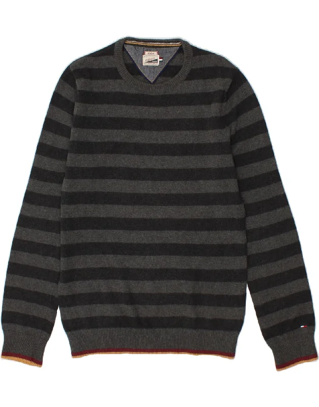 TOMMY HILFIGER Mens Crew Neck Jumper Sweater Medium Grey Striped Cotton