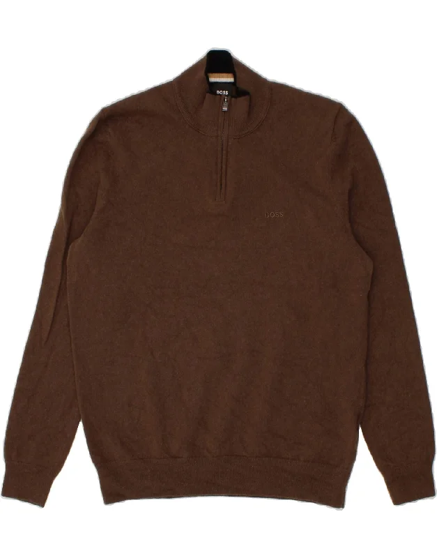 HUGO BOSS Mens Zip Neck Jumper Sweater XL Brown Virgin Wool