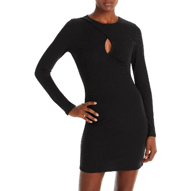 Womens Ribbed Knit Keyhole Mini Dress