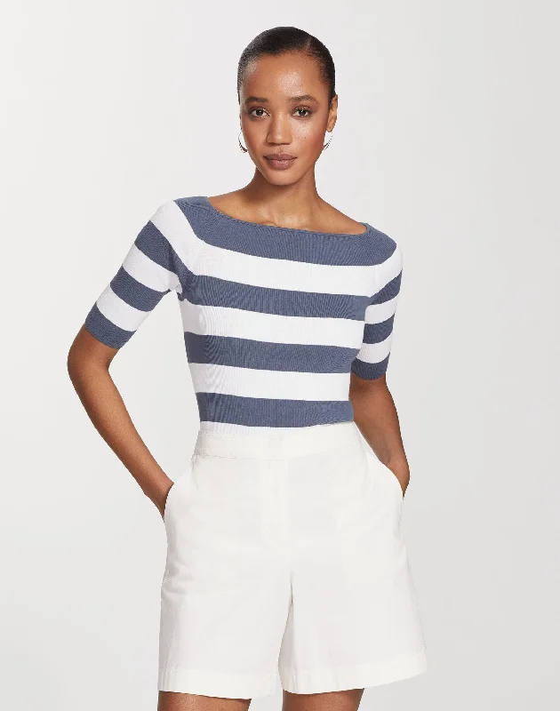 Cotton Crepe Yarn Striped Wide Bateau Neck Sweater