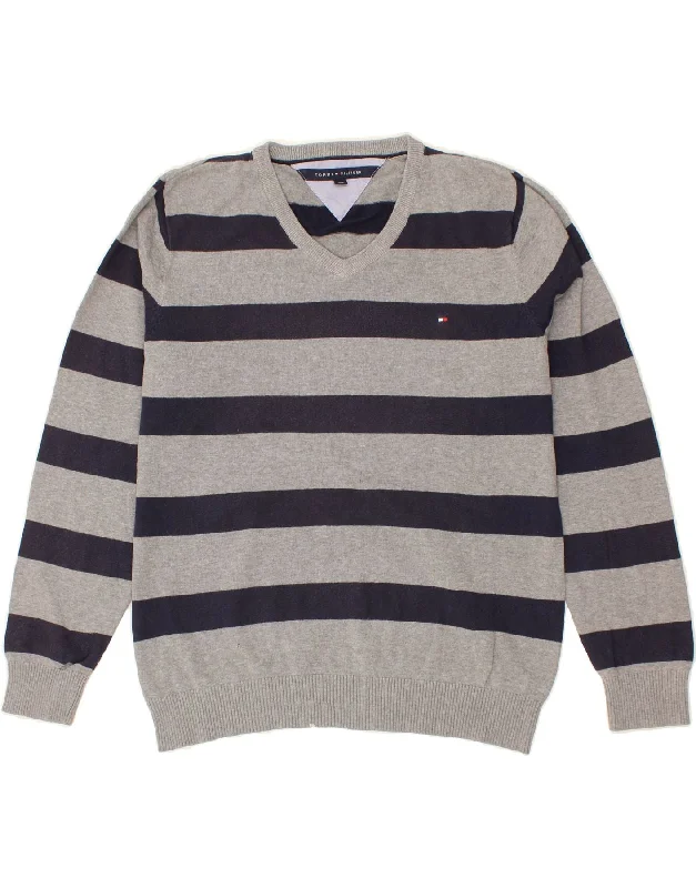 TOMMY HILFIGER Mens V-Neck Jumper Sweater Large Grey Striped Cotton