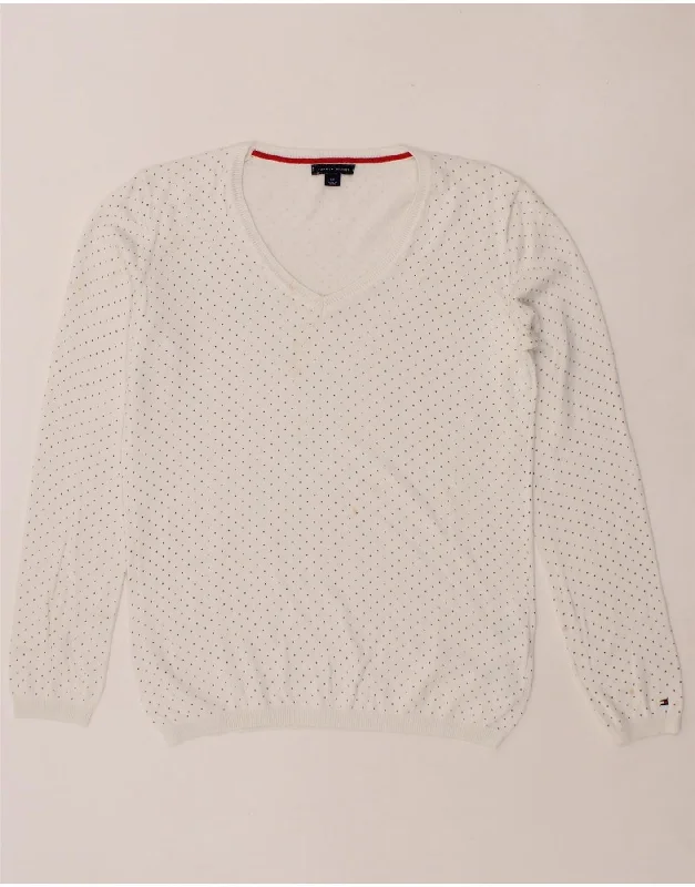 TOMMY HILFIGER Womens V-Neck Jumper Sweater UK 10 Small White Polka Dot