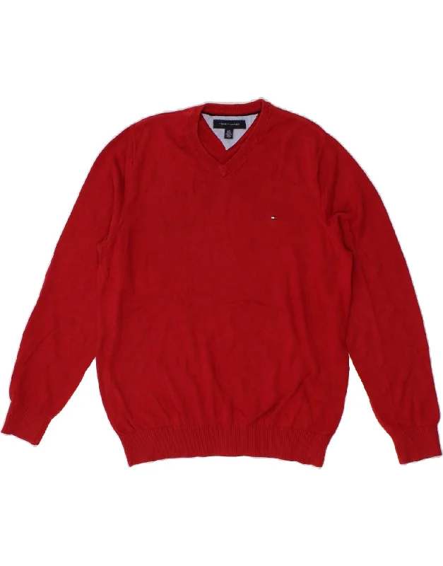 TOMMY HILFIGER Mens V-Neck Jumper Sweater Large Red Cotton