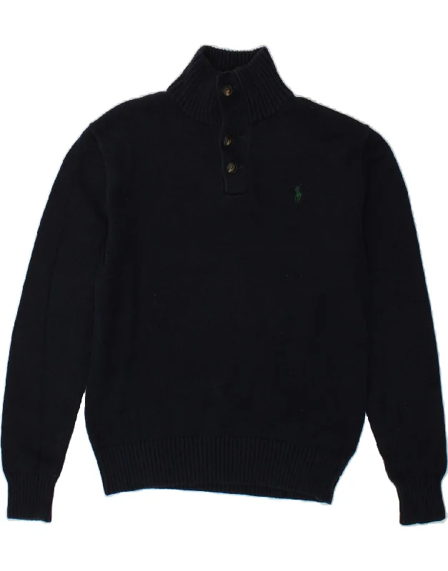 POLO RALPH LAUREN Mens Button Neck Jumper Sweater Medium Navy Blue Cotton