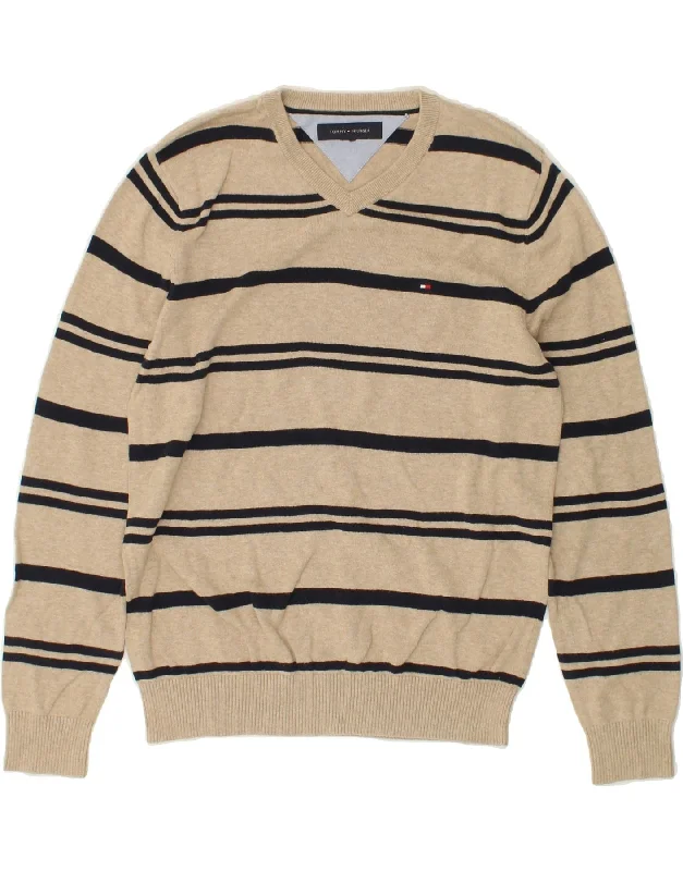 TOMMY HILFIGER Mens V-Neck Jumper Sweater Medium Beige Striped Cotton