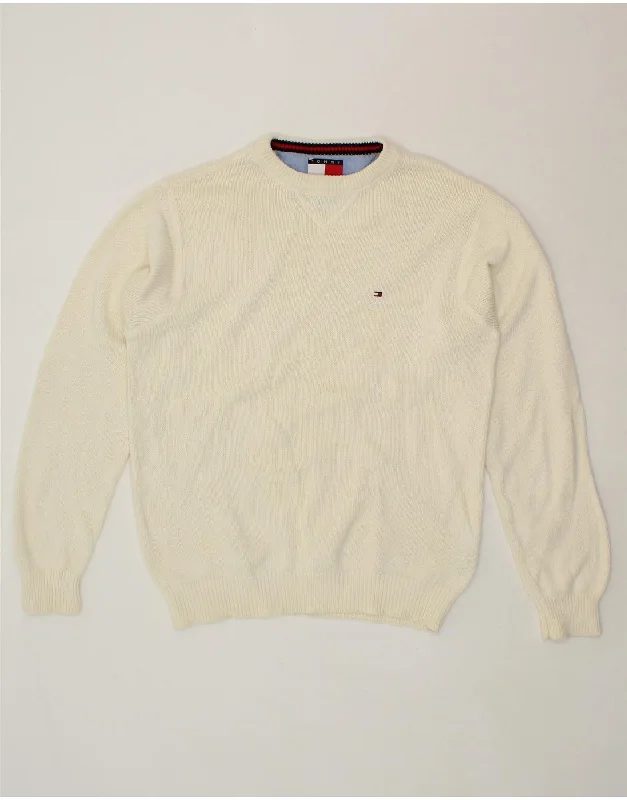 TOMMY HILFIGER Mens Crew Neck Jumper Sweater Small Off White Cotton