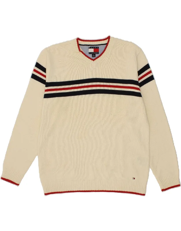 TOMMY HILFIGER Mens V-Neck Jumper Sweater Medium Off White Cotton