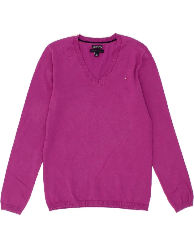 TOMMY HILFIGER Womens V-Neck Jumper Sweater UK 10 Small Pink Cotton