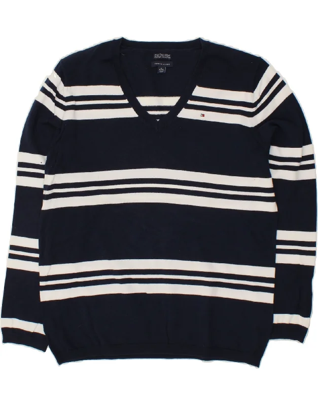 TOMMY HILFIGER Womens V-Neck Jumper Sweater UK 18 XL Navy Blue Striped