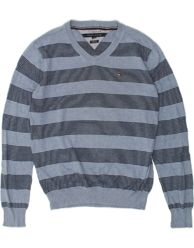 TOMMY HILFIGER Mens V-Neck Jumper Sweater Medium Blue Striped Cotton