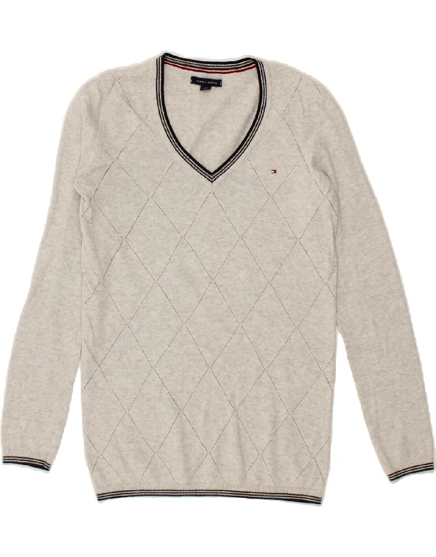 TOMMY HILFIGER Womens V-Neck Jumper Sweater UK 6 XS Grey Argyle/Diamond