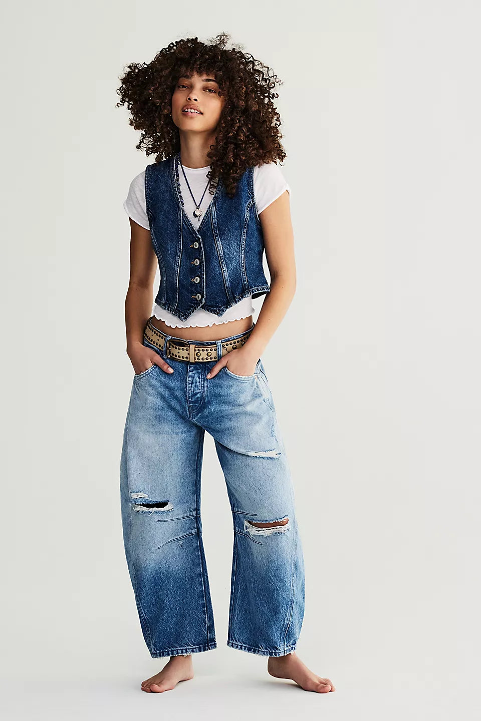 Free People We The Free Good Luck Mid-Rise Barrel Jeans - BARNYARD BLUE