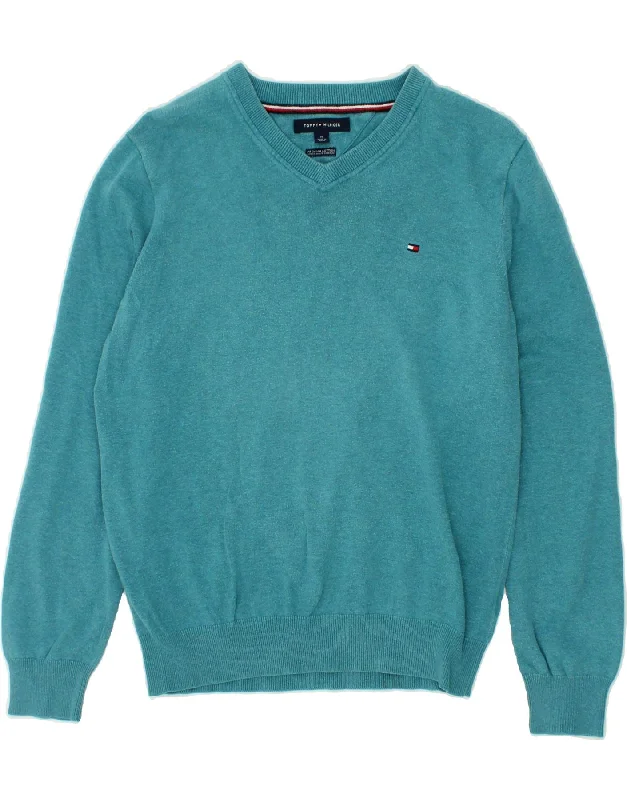 TOMMY HILFIGER Mens V-Neck Jumper Sweater Medium Turquoise Cotton