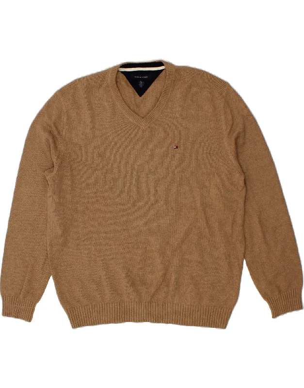 TOMMY HILFIGER Mens V-Neck Jumper Sweater 2XL Brown Cotton