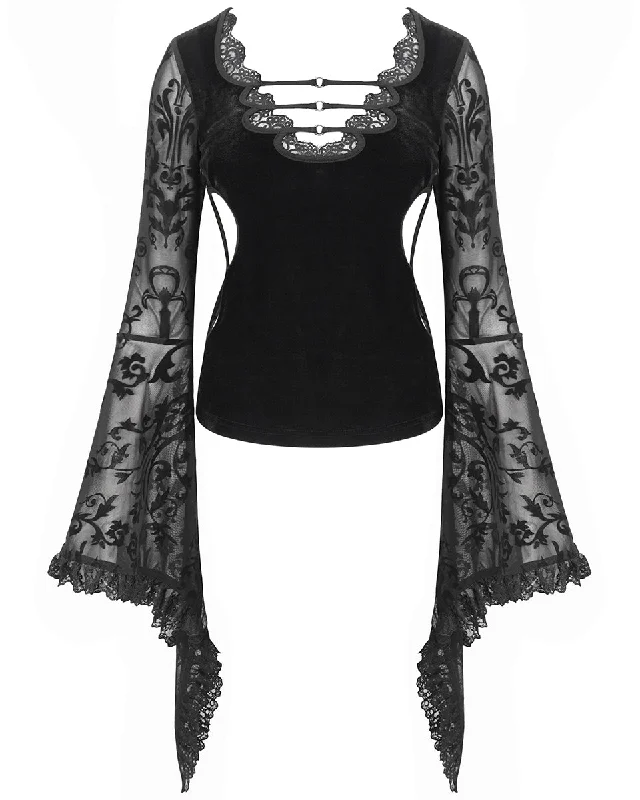 Devil Fashion Womens Victorian Gothic Velvet & Damask Mesh Blouse Top