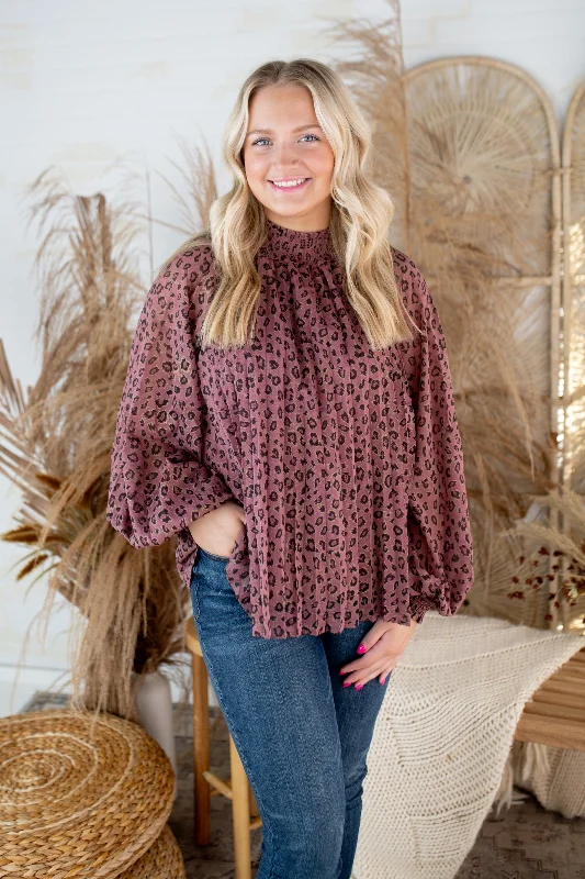 Mauve Animal Print Smocked Mock Neck Blouse