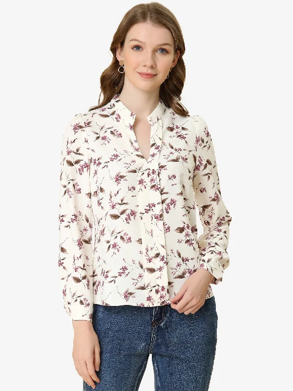 Floral Print Split V Neck Office Long Sleeve Blouse Shirt