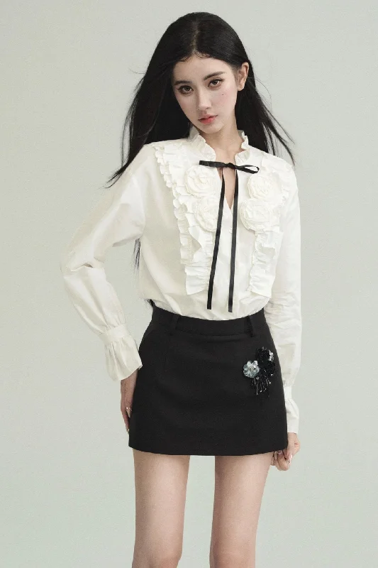 Elegant Contrast Ensemble: Crystal-Embellished Tweed Mini Skirt & Victorian Ruffle Blouse Set