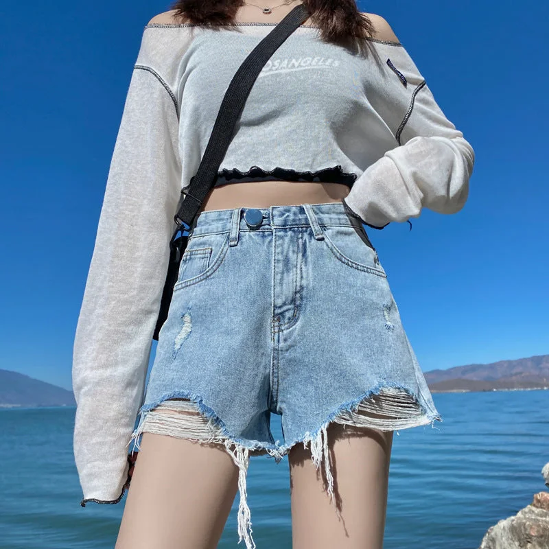 Denim shorts female summer  version of the high waist slimming high loose hole wool wrapping pants tide