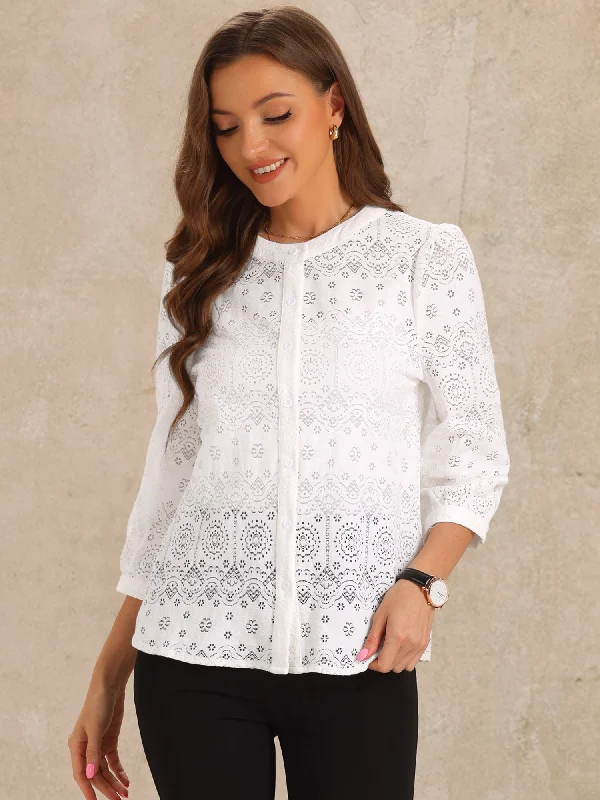 Boho Eyelet 3/4 Puff Sleeves Round Neck Blouse