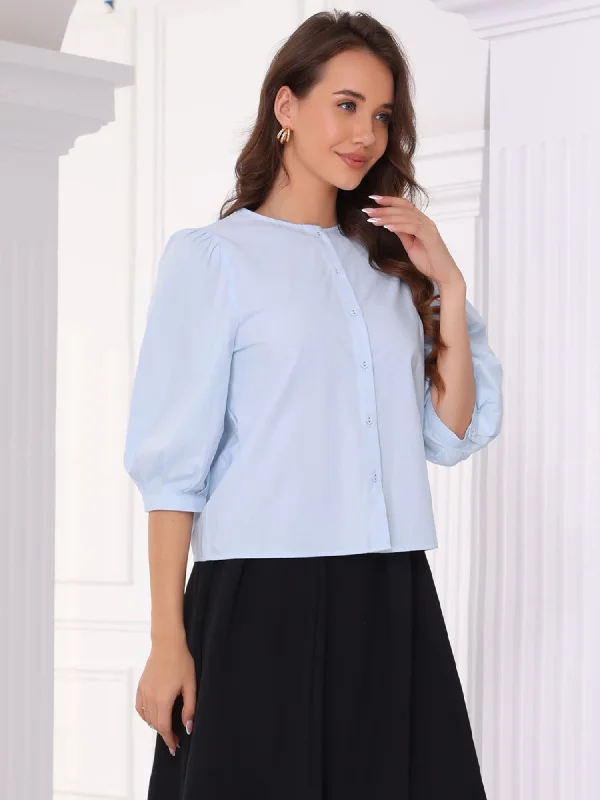 Button Down Cotton Puff Sleeve Crew Neck Blouse