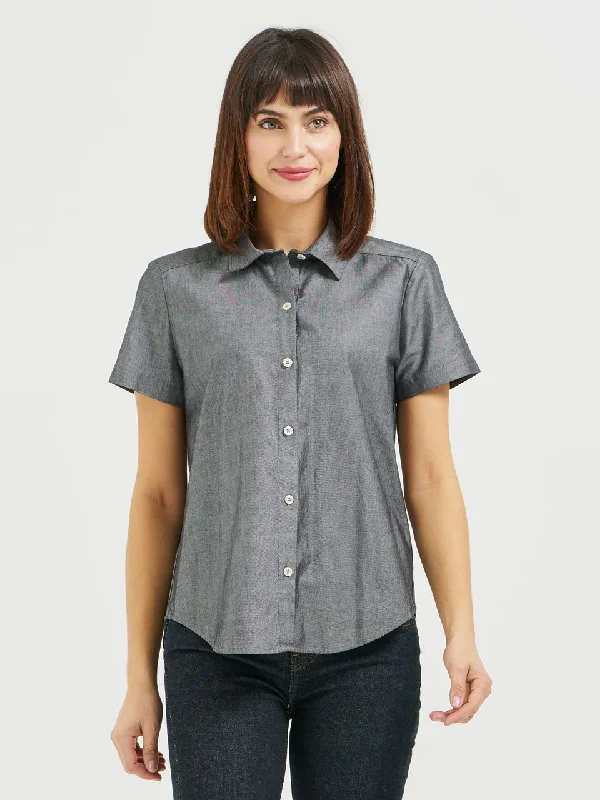 Ladies' Boyfriend Short Sleeve Blouse - Grey Chambray