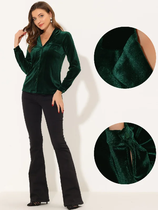 Velvet Blouse Collared Long Sleeve Button Down Shirt Top