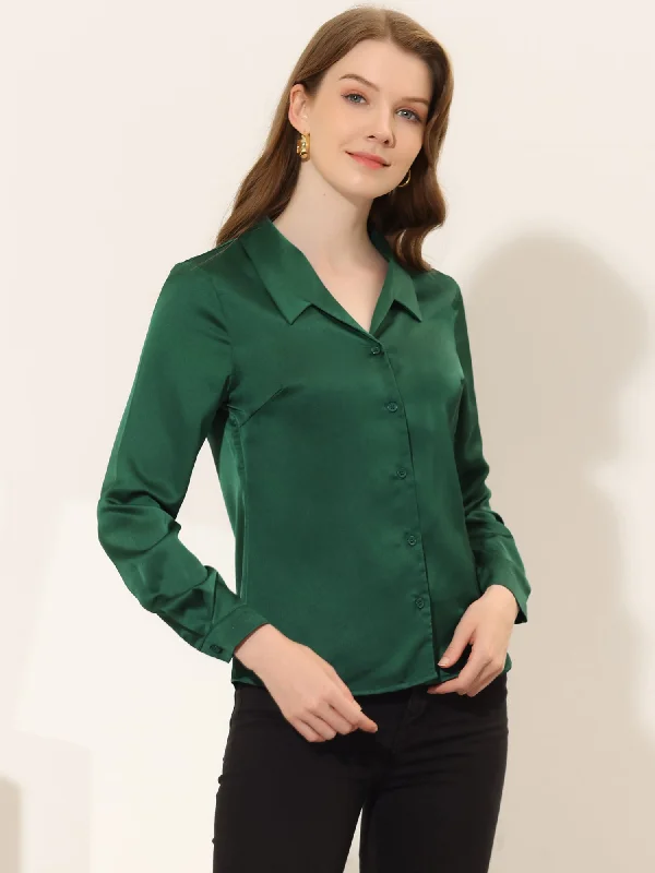 Satin Blouse Button Down Work Office Long Sleeve Top