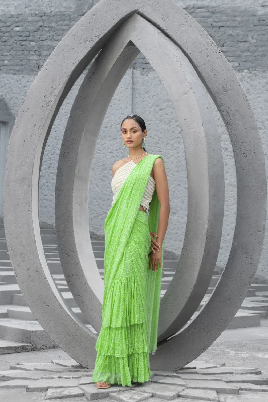 Lime Green Printed Pre-Stitched Saree And Blouse