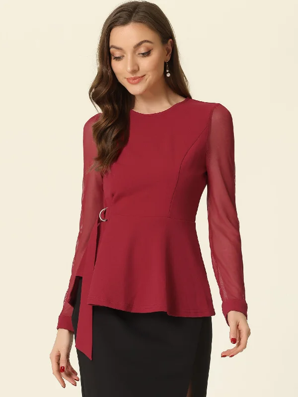 Peplum Blouse Mesh Sheer Long Sleeve Round Neck Belted Work Top