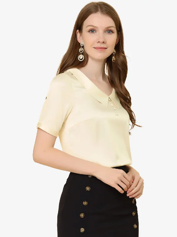 Work Top Turndown Collar Button Decor Short Sleeve Satin Blouse