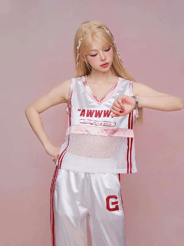 Waist See-through Street Sport Style Sleeveless Top & Sideline Loose Pants GIF0046