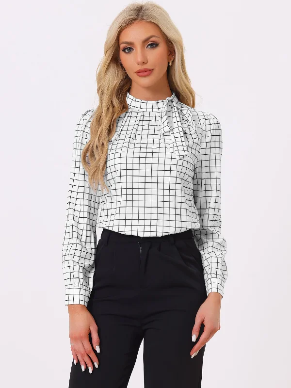 Bow Tie Neck Grid Checks Shirt Office Work Tops Blouse