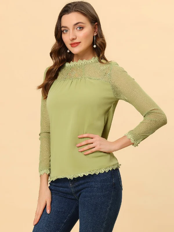 Lace Mesh Long Sleeve Round Neck Casual Elegant Blouse