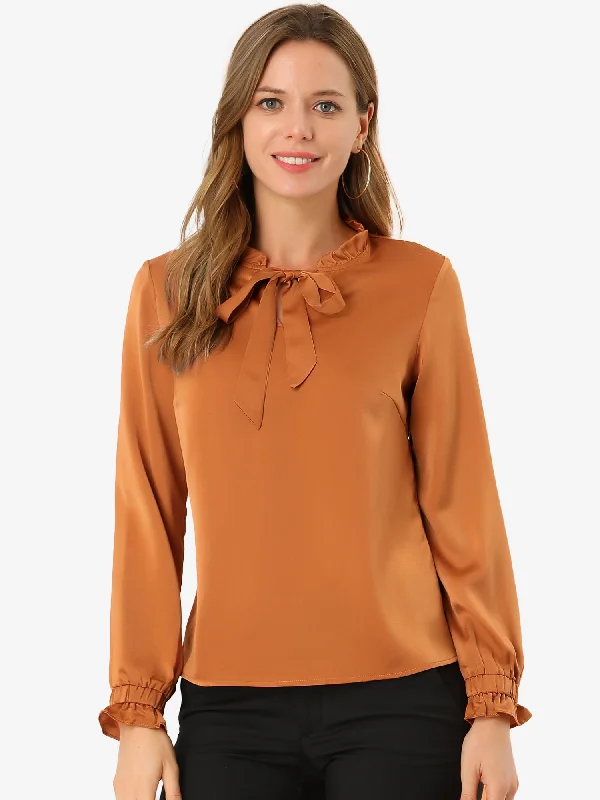 Elegant Ruffle Tie Neck Long Sleeve Work Office Satin Blouse Top