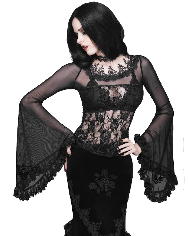 Eva Lady Gothic Rose Lace & Flocked Mesh Flare Sleeve Blouse Top