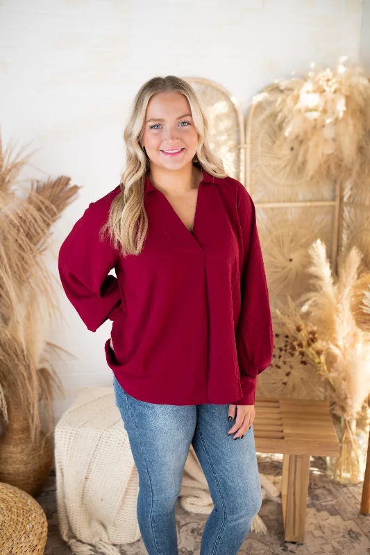 Burgundy Solid Collar Long Sleeve V-Neckline Blouse