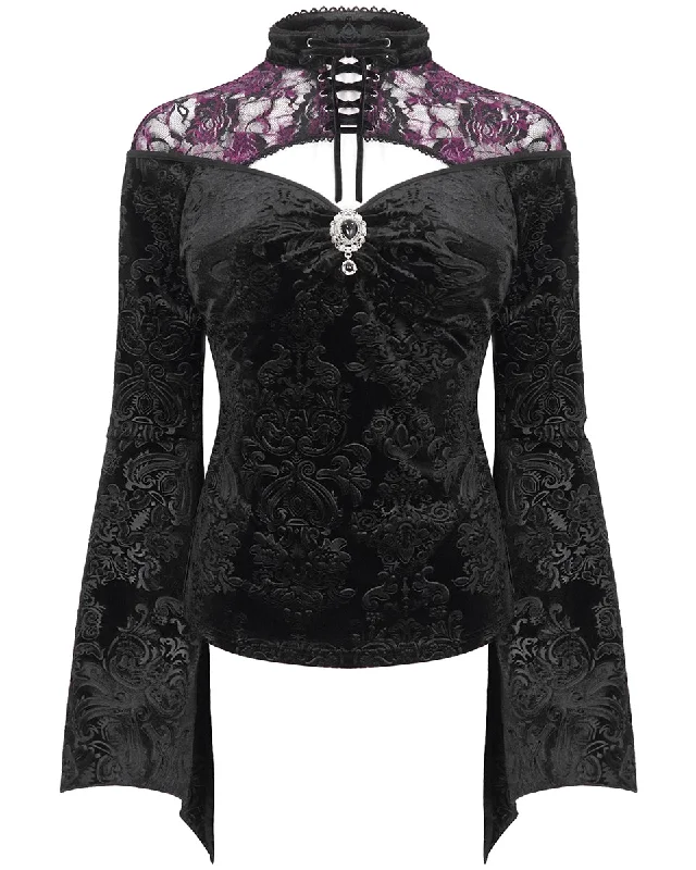 Eva Lady Womens Baroque Velvet Damask & Lace Blouse Top - Black & Purple