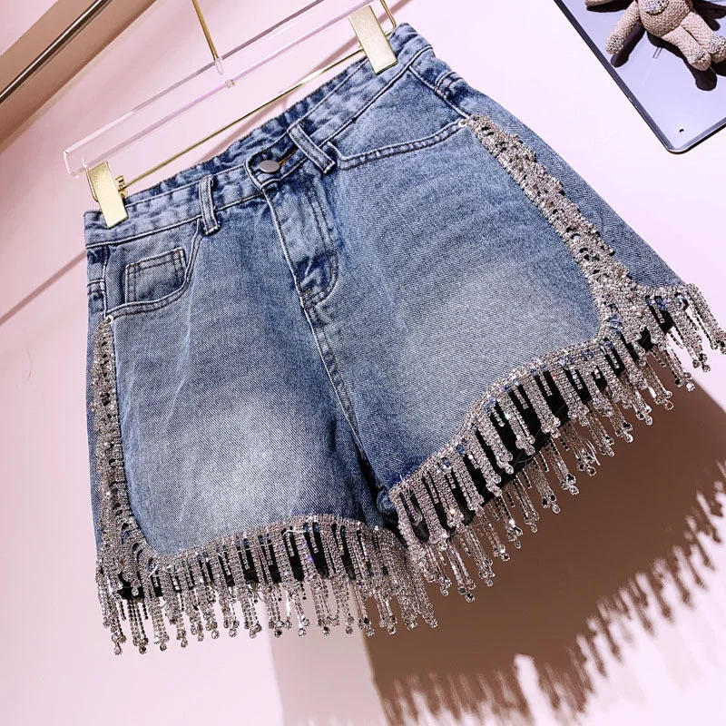 Rhinestone tassel high waist denim shorts super flash high-end diamond-studded heavy industry all-match thin pants net red hot style