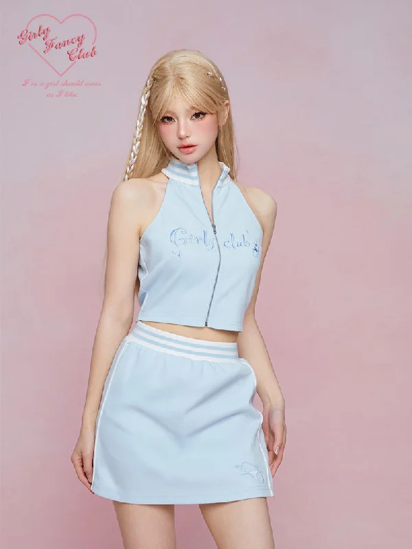 Halter Neck Sporty Sleeveless Top & Wide Pants & Miniskirt GIF0038