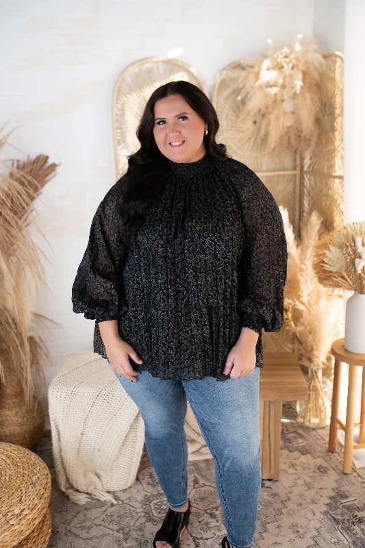 Black Animal Print Smocked Mock Neck Blouse