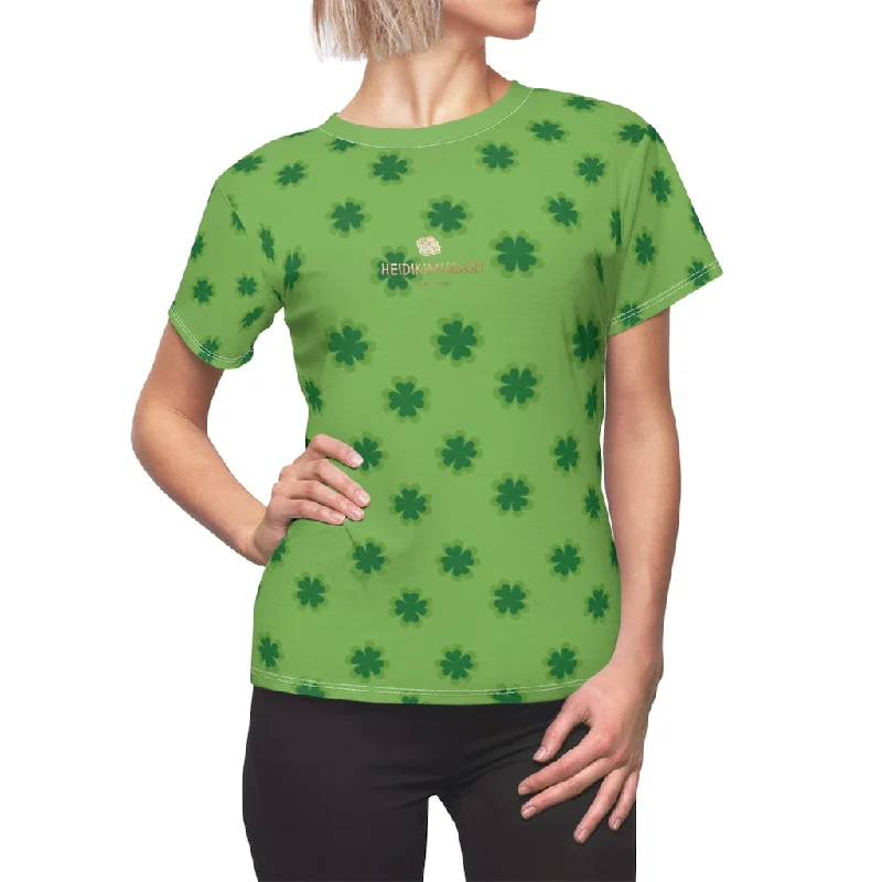 Light Green Clover Tee, Clover Print St. Patrick's Day Premium Women's Crewneck Tee- Made in USA