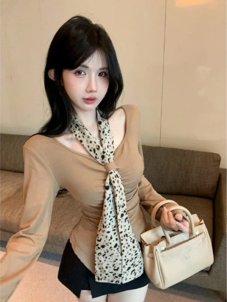 Lunivop Leopard Print Ribbon All-match Tops Mujer Ealy Autum New Bottoming T-shirt for Women Y2k Slim Fit Long Sleeve Tee Shirt