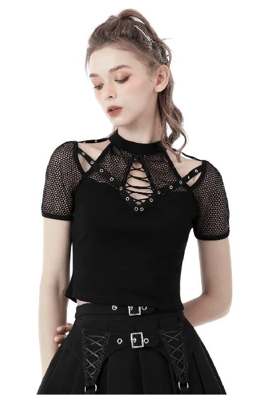 Punk Cutout T-shirt with Mesh Sleeves and Lace-Up Front