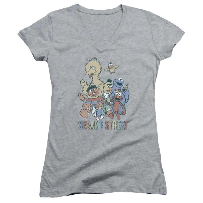 Sesame Street Colorful Group Juniors V-Neck T-Shirt