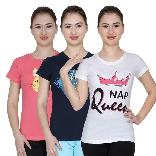 T.T. Women Printed Slim Fit Tshirt Pack Of 3 White::Navy::Coral