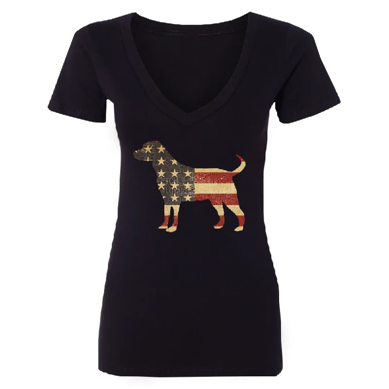 Zexpa Apparelâ„¢ Patriotic American Flag Dog Silhouette Women's Deep V-neck 4th of July Tee