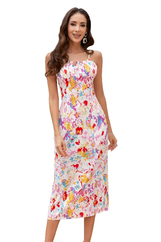 Women Maxi Floral Straight Neck Smocked tied Maxi Dress-White