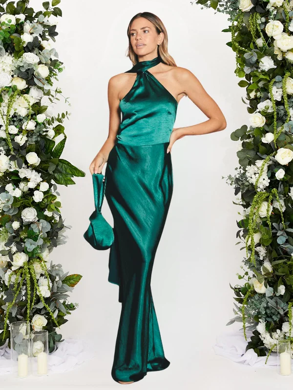 Asymmetric Scarf Satin Maxi Dress / Emerald Green