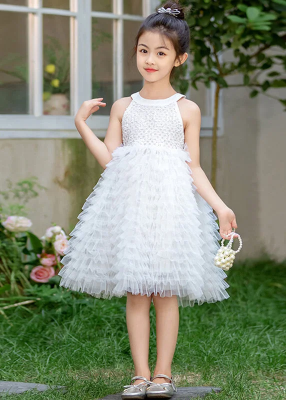 Brief White Bow Patchwork Tulle Kids Maxi Dress Summer EW029